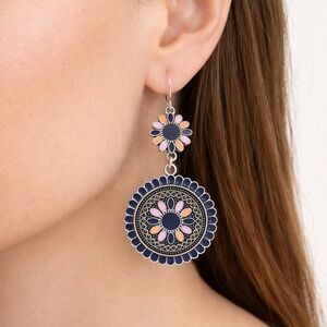 Bohemian Enamel Double Drop Earrings – Floral Mandala Silver-Tone